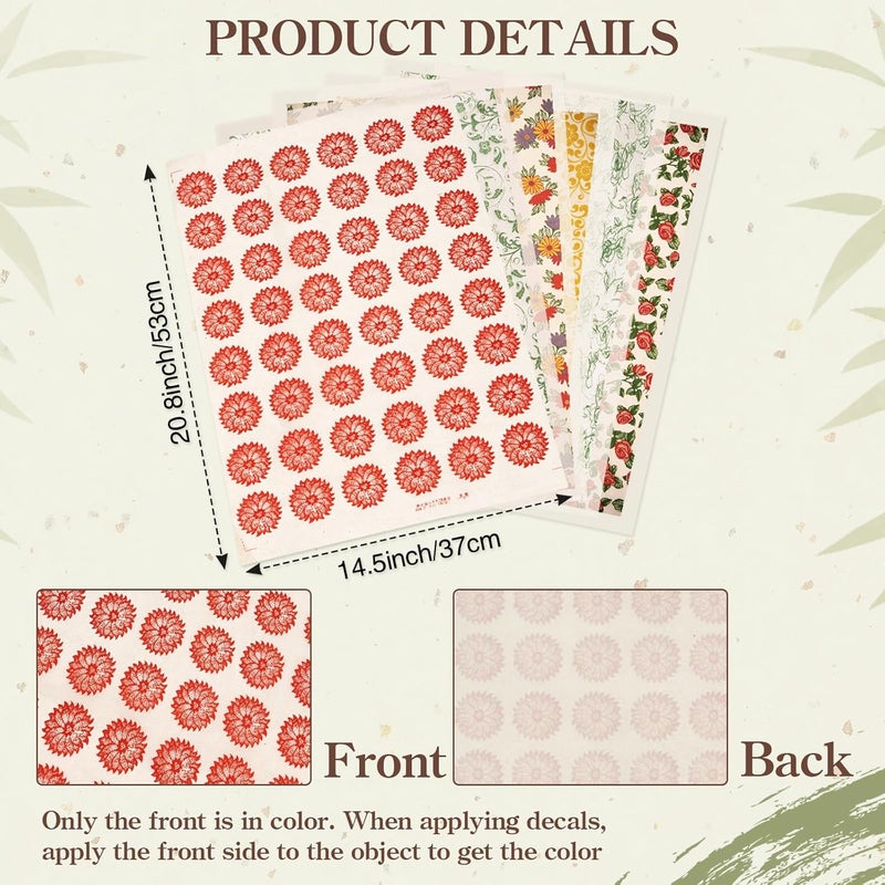Primst 6PCS Pottery Art DIY Stickers Ceramic Clay Transfer Paper Flower Paper Porcelain Glaze Underglaze Transfers for Pottery Overglaze Enamel Waterslide Decal (Multicolor) - Image 3